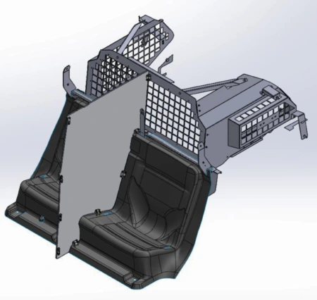 [PS-21TH-OS-DIV-FX] - 2021+ Chevy Tahoe Prisoner Transport System with Center Poly Divider,Officer Safe Seat Belt System and Cargo Partition w/Fire Extinguisher Compartment