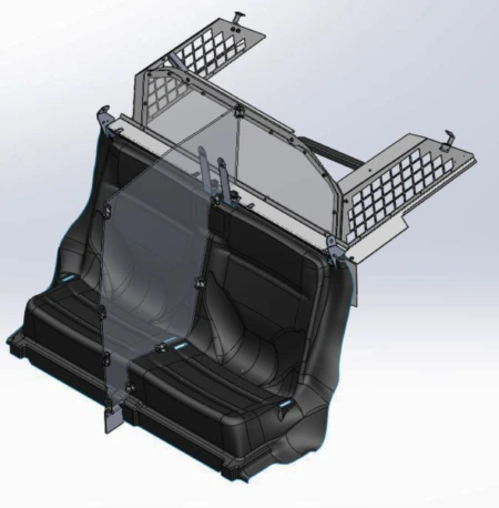 [PS-20UV-OS-DIV-RL] - 2020+ Ford Police Interceptor UV Prisoner Transport System with Center Poly Divider, Officer Safe Seat Belt System and Cargo Partition with Poly Window